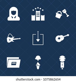 Premium set with fill icons. Such as shovel, bed, microphone, travel, song, white, guitar, voice, young, concert, equipment, ice, lady, machine, music, paper, document, room, karaoke, female, sign