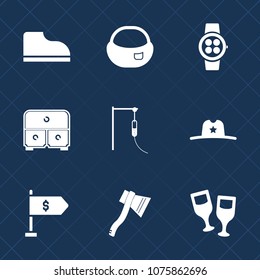 Premium set with fill icons. Such as location, gadget, backpack, knapsack, cabinet, red, west, sheriff, tool, hat, glass, time, bag, medical, baggage, furniture, wine, drink, cowboy, rucksack, screen