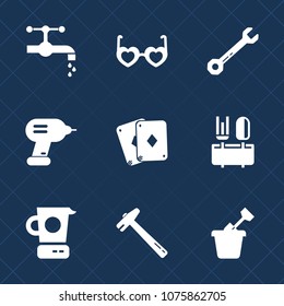 Premium set with fill icons. Such as sink, hippie, tap, kitchen, clean, work, drill, boho, spanner, play, tool, screwdriver, sunglasses, water, cooking, dinner, poker, glasses, game, construction