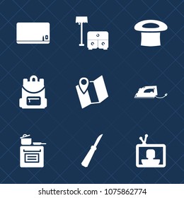 Premium set with fill icons. Such as electric, home, sign, chalk, bag, knife, cooking, modern, board, backpack, screen, gps, food, television, work, road, chair, kitchen, pin, furniture, empty, bed