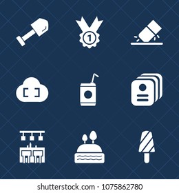 Premium set with fill icons. Such as cloud, dessert, card, equipment, food, erasing, school, achievement, web, glass, office, beverage, rubber, shovel, screwdriver, prize, tool, identity, drink, ice