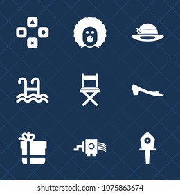 Premium set with fill icons. Such as spring, object, bow, nest, computer, funny, costume, play, circus, fashion, halloween, swim, horror, cap, fun, technology, house, box, grater, gaming, scary, sport