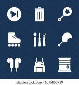 Premium set with fill icons. Such as pinafore, fork, recycling, home, player, interior, sport, trash, uniform, can, toy, web, rattle, leisure, video, spoon, newborn, skate, window, audio, kitchen, bin