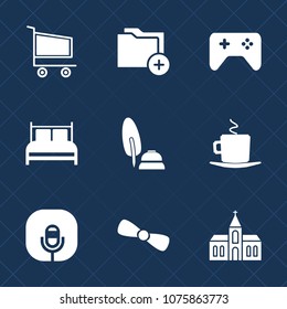 Premium set with fill icons. Such as data, ink, cappuccino, joystick, coffee, white, drink, religion, cart, game, microphone, business, pen, bedroom, calligraphy, gaming, architecture, office, store