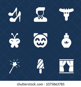 Premium set with fill icons. Such as insect, girl, cute, home, meat, woman, eat, magic, cat, fashion, sausage, modern, hotdog, curtain, elegance, wand, kitty, casual, high, butterfly, meal, food, lady