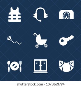 Premium set with fill icons. Such as room, sky, spoon, kite, diaper, vest, stroller, infant, plate, safety, sound, key, boat, newborn, fork, jacket, music, rescue, speaker, winter, headphones, home