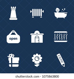 Premium set with fill icons. Such as home, real, building, play, knight, business, water, heat, flower, store, open, house, electric, blossom, package, bow, chess, sign, piece, box, concept, equipment
