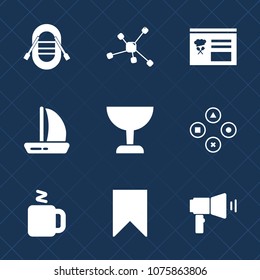 Premium set with fill icons. Such as yacht, molecule, ship, computer, structure, travel, interface, tea, transportation, beverage, play, science, fun, chemistry, wind, gaming, megaphone, vacation, hot