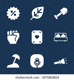 Premium set with fill icons. Such as bedroom, percent, background, nature, natural, coupon, light, radio, equipment, forest, game, tag, lamp, flashlight, leaf, shine, sound, travel, shovel, discount