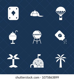 Premium set with fill icons. Such as summer, sweet, bottle, dessert, tropical, cream, sky, house, sport, leaf, jump, parachute, grill, card, health, object, extreme, gambling, headwear, black, palm, 