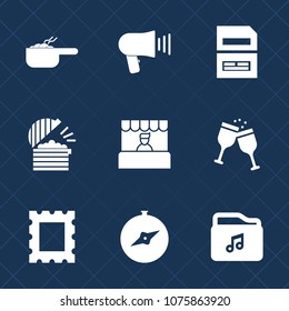 Premium set with fill icons. Such as sound, alcohol, healthy, store, information, coffee, picture, save, document, meal, megaphone, drink, glass, file, computer, sign, photo, loudspeaker, meat, audio