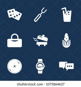 Premium set with fill icons. Such as time, cup, boiler, fitness, corn, meal, knife, healthy, drink, water, juice, home, cd, casino, dvd, glass, fork, luck, equipment, heater, cold, win, gambling, dice