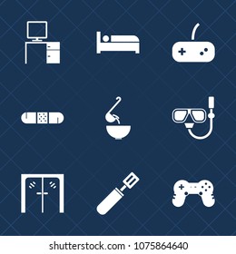 Premium set with fill icons. Such as play, hospital, vegetable, care, sign, medicine, table, water, computer, room, architecture, office, white, door, work, handle, spoon, snorkel, food, sea, soup