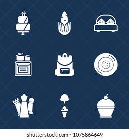 Premium set with fill icons. Such as food, dessert, bed, ice, healthy, chess, vegetarian, yellow, vegetable, car, school, automobile, strategy, tire, fresh, wheel, kitchen, cream, modern, bedroom, pie