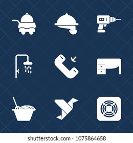 Premium set with fill icons. Such as construction, bath, waitress, equipment, call, electric, chinese, creative, power, hotel, restaurant, breakfast, bedroom, machine, office, food, noodle, paper, air