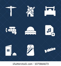 Premium set with fill icons. Such as paper, vehicle, seasoning, electricity, hammer, toy, automobile, electric, play, tool, energy, car, automotive, sunset, spice, wind, sun, fun, power, turbine, game