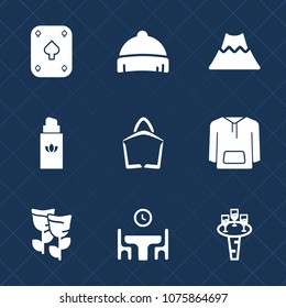 Premium set with fill icons. Such as style, floral, game, aroma, clothing, lava, table, flower, landscape, poker, fashion, casino, baseball, beauty, head, sport, glass, bottle, mountain, cap, perfume