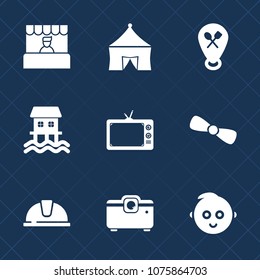Premium set with fill icons. Such as bow, helmet, web, location, restaurant, cart, safety, recreation, houseboat, food, projector, store, commerce, festival, construction, television, gift, child, fun