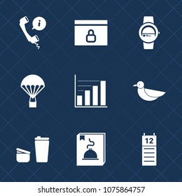Premium set with fill icons. Such as wildlife, website, parachuting, gadget, parachute, service, cup, headset, business, lock, bird, calendar, technology, menu, cafe, drink, contact, web, air, touch