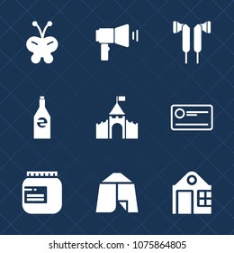 Premium set with fill icons. Such as sound, building, earphone, speaker, animal, communication, white, beverage, castle, house, payment, blue, insect, megaphone, beautiful, cheque, stereo, message