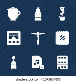 Premium set with fill icons. Such as beverage, stamp, post, cup, house, dessert, hammer, interior, city, sweet, antenna, hot, breakfast, mail, white, wireless, food, add, home, green, letter, music