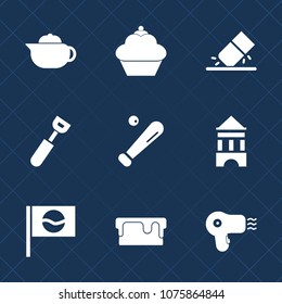 Premium set with fill icons. Such as hot, pot, pie, kitchen, white, school, equipment, rubber, erasing, office, tower, travel, tea, sport, chocolate, cupcake, cup, hairdryer, breakfast, japanese, cake