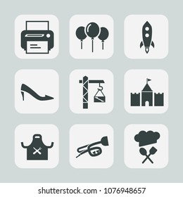 Premium set of fill icons. Such as bright, chief, tower, music, hammer, heel, computer, fashion, printer, high, technology, sign, construction, female, celebration, office, spaceship, air, happy, saw