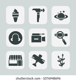 Premium set of fill icons. Such as agriculture, space, white, cream, harvest, laptop, microphone, video, plant, travel, dessert, airplane, cone, strawberry, television, aircraft, saw, globe, grocery