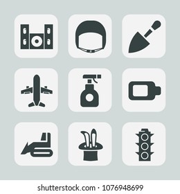 Premium set of fill icons. Such as green, aircraft, spray, screwdriver, plane, traffic, flight, bulldozer, airplane, speaker, helmet, energy, sprayer, cinema, pesticide, construction, equipment, toxic