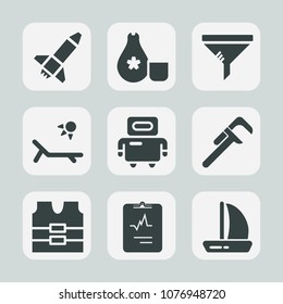 Premium set of fill icons. Such as dust, cyborg, seafood, summer, ship, spaceship, medical, heart, launch, rocket, conditioner, reparation, air, fish, sake, change, industrial, rice, safety, japanese