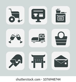 Premium set of fill icons. Such as travel, sale, dessert, money, glass, transportation, cart, fashion, cooking, wheelchair, accessibility, ice, red, communication, leather, envelope, drink, message