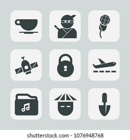 Premium set of fill icons. Such as mic, microphone, file, coffee, shovel, airport, young, espresso, chinese, warrior, sign, technology, orbit, weapon, studio, audio, cup, voice, japanese, samurai, mug