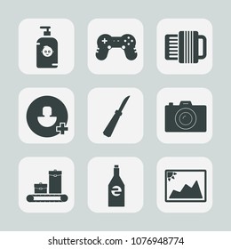 Premium set of fill icons. Such as luggage, beautiful, knife, white, add, photo, beverage, joystick, child, button, social, kitchen, childhood, travel, game, little, user, photographer, art, bag, soap