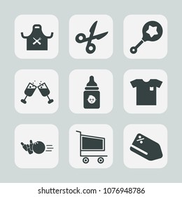 Premium set of fill icons. Such as rattle, restaurant, infant, glass, bottle, wine, fun, chief, paper, white, alcohol, plastic, discount, cut, tag, clothing, market, cart, head, sale, kitchen, ball