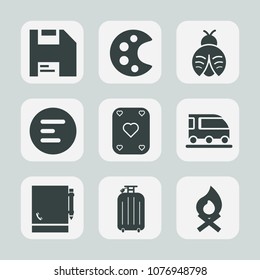 Premium set of fill icons. Such as lady, object, bag, drawing, floppy, printer, transport, travel, notepad, button, dragonfly, play, insect, vehicle, poker, fly, fireplace, mobile, sign, app, color
