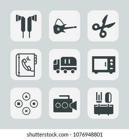 Premium set of fill icons. Such as white, cut, delivery, tool, earphone, phone, oven, concert, truck, guitar, equipment, play, audio, transport, kitchen, camera, stereo, game, technology, handle, fun