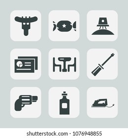 Premium set of fill icons. Such as lolly, exploration, family, food, spaceship, handgun, sausage, hot, dinner, drink, meat, firearm, repair, pistol, dessert, report, glass, astronaut, iron, space, gun