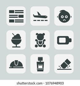Premium set of fill icons. Such as icecream, construction, battery, face, erase, internet, teddy, travel, cute, childhood, sign, media, plane, child, infant, global, eraser, white, food, luggage, web