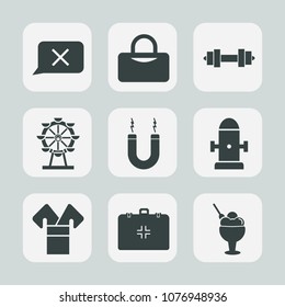 Premium set of fill icons. Such as sign, eye, fitness, fire, object, magnet, web, closed, energy, water, costume, dumbbell, medical, horseshoe, emergency, fun, holiday, ferris, carousel, asia, health