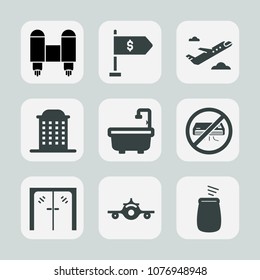 Premium set of fill icons. Such as plane, airport, air, entrance, bank, conditioner, percussion, space, flight, airplane, location, transportation, trip, glass, science, satellite, aircraft, urban