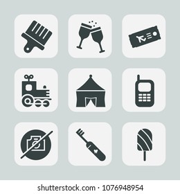 Premium set of fill icons. Such as ticket, flight, wine, alcohol, glass, bottle, red, phone, restaurant, paint, mobile, train, clean, stroke, locomotive, wineglass, summer, no, transport, ice, toy