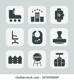 Premium set of fill icons. Such as bed, car, display, retro, device, cooking, chair, rattle, sky, travel, leisure, service, boot, transportation, fun, stamp, toy, roller, home, shoe, meat, grill, room