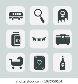 Premium set of fill icons. Such as ufo, jam, wine, character, bus, zoom, happy, poker, carriage, traffic, game, search, red, baby, view, magnifying, background, fiction, travel, holiday, street, sign