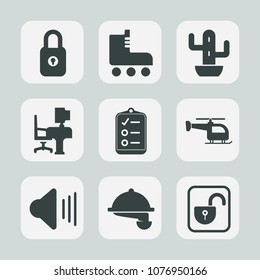 Premium set of fill icons. Such as volume, key, lock, business, fun, leisure, work, transport, security, flight, retro, plant, audio, nature, sport, music, sign, skating, food, summer, check, open, up
