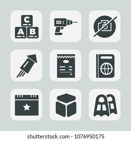 Premium set of fill icons. Such as immigration, star, square, holiday, picture, child, travel, document, light, drill, celebration, game, tool, menu, tourism, repair, play, sign, machine, sea, photo