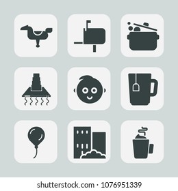 Premium set of fill icons. Such as send, cook, letter, building, kitchen, business, real, electric, home, kid, baby, correspondence, smile, message, delivery, box, house, childhood, hood, happy, drink