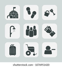 Premium set of fill icons. Such as arctic, equipment, hygiene, ice, wheelchair, handicap, bucket, shelter, silhouette, concept, house, travel, bowling, graphic, human, bathroom, igloo, shower, people