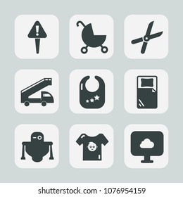 Premium set of fill icons. Such as work, pram, transportation, white, caution, shears, stroller, metal, baby, perambulator, truck, android, pruning, sign, attention, cut, kid, danger, clothing, web