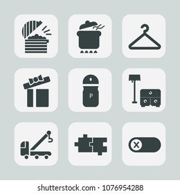 Premium set of fill icons. Such as switch, cooking, car, restaurant, vehicle, gift, tow, spice, sofa, box, cloakroom, holiday, coffee, stew, table, lunch, celebration, dish, seasoning, salt, pot, turn