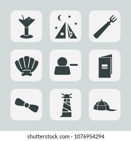 Premium set of fill icons. Such as book, fork, alcohol, cocktail, ocean, lime, leisure, cap, ice, clothing, brochure, nature, drink, gift, travel, light, shell, bow, camp, outdoor, sea, hat, sign, bar